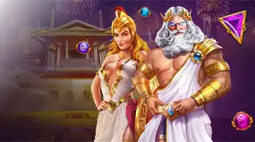 Image featuring two mythological figures, Zeus and Athena, promoting the Admiral-X Drops & Wins tournament with fireworks and ancient Greek architecture in the background.