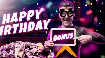 Image featuring a person in a superhero costume promoting the Admiral X birthday bonus with a cheerful expression, holding a tablet that displays the word BONUS against a background of confetti and money stacks.